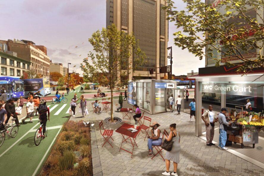rendering of food stalls and dining tables near a bike path