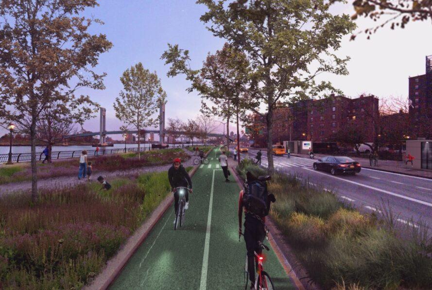 rendering of people riding bikes on two-way bike path