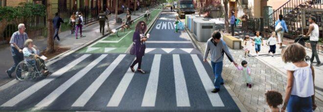 rendering of people walking on crosswalk free of cars in New York City