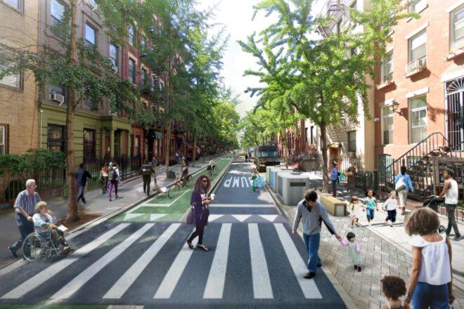 rendering of people walking on crosswalk free of cars in New York City