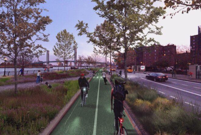 rendering of people riding bikes on two-way bike path