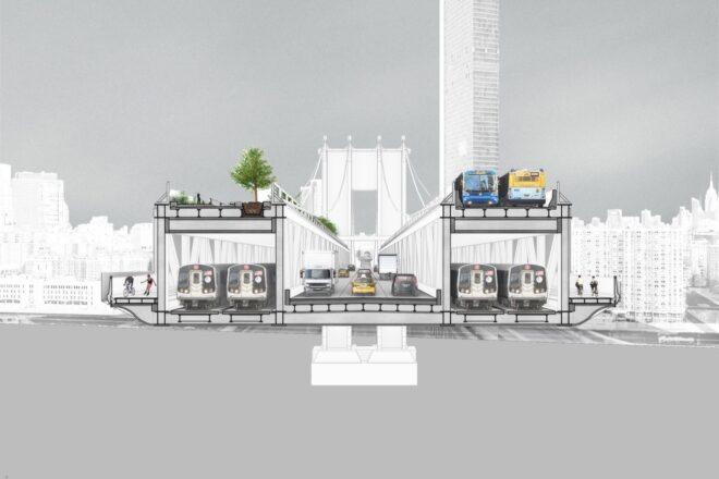 diagram of Brooklyn Bridge with center lane for cars and far lanes for public transit