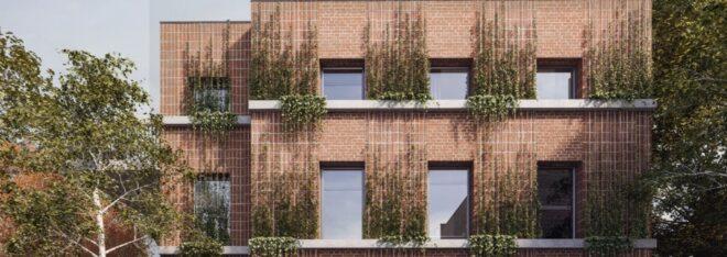 rendering of brick building with creeping vines