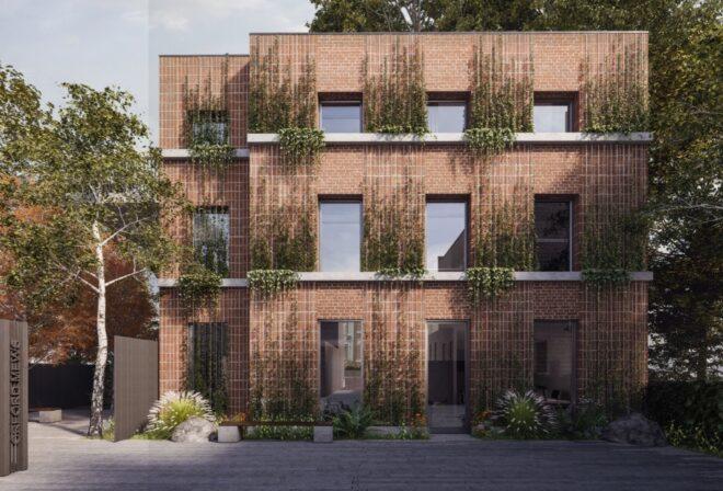 rendering of brick building with creeping vines