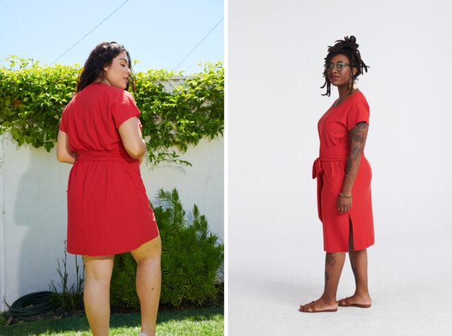 Two people wearing a red dress with cinched waist