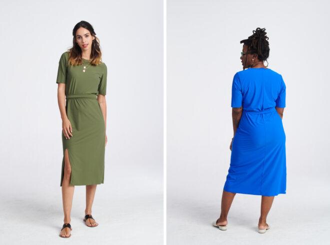 On the left, person wearing green dress with tied waist. On the right, person wearing bright blue dress with cinched waist.