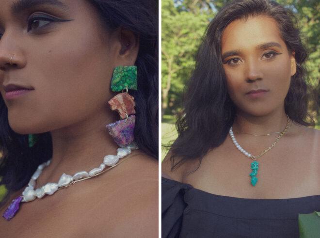 On the left, person wearing white shell necklace and colorful stone earrings. On the right, person wearing pearl and turquoise necklace