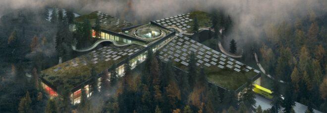 rendering of massive green roof on top of a factory in a forest