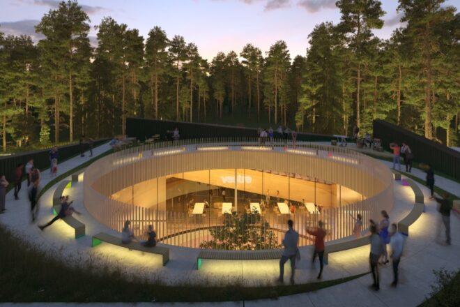 rendering of people on a path looking down at a tree below