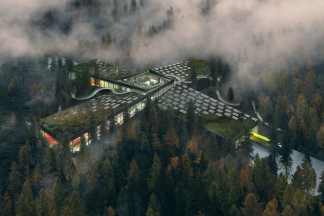 rendering of massive green roof on top of a factory in a forest