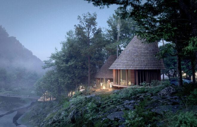 rendering of circular wooden building in a misty forest