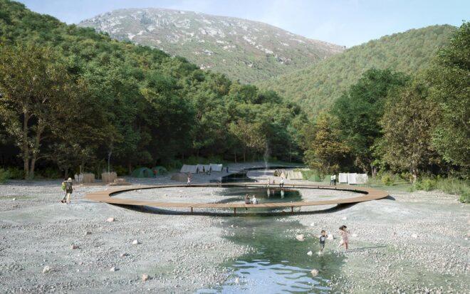 rendering of large circular wooden bridge over a creek