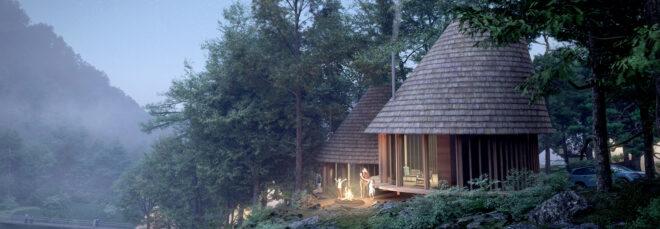 rendering of circular wooden building in a misty forest