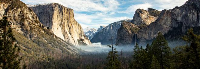 a scenic vista with a green forest and mountains