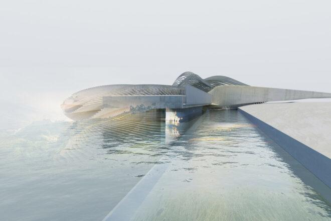 rendering of curvaceous building surrounded by water and fog