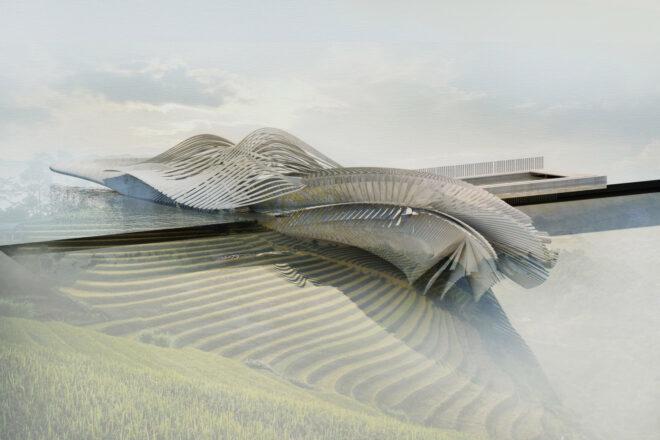 rendering of fog surrounding massive, curvaceous spa building