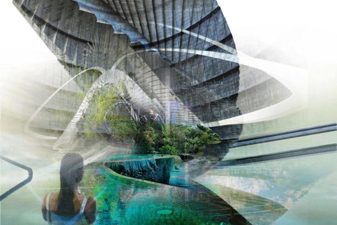 rendering of person swimming and looking at plants ground around curvaceous building