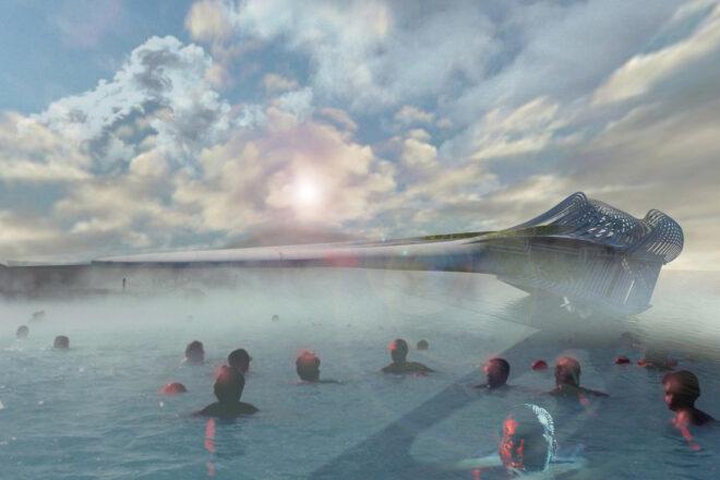 rendering of several people in natural heated pool