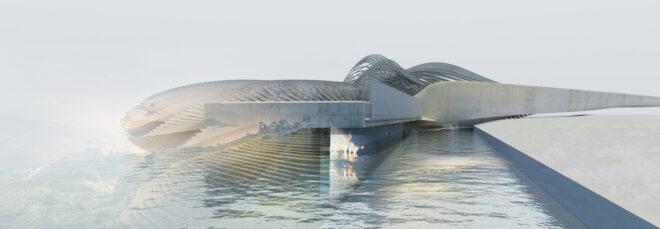 rendering of curvaceous building surrounded by water and fog