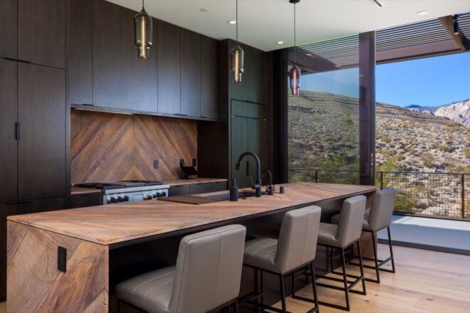 black and dark wood kitchen