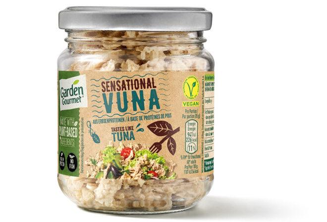 a glass jar of "Sensational Vuna," the vegan tuna brand