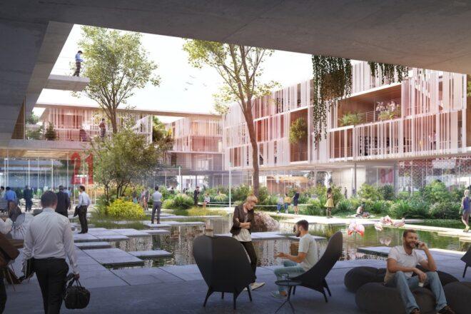 rendering of people on covered patio near timber buildings