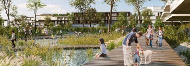 rendering of people on boardwalk over water