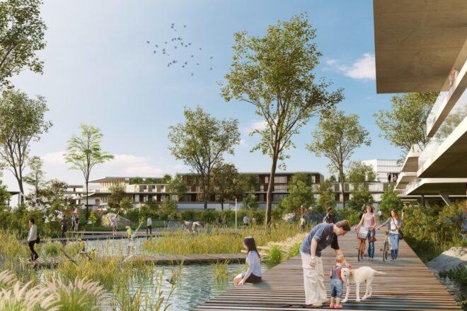 rendering of people on boardwalk over water