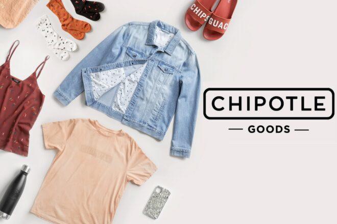 to the left, a spread of clothing including a denim jacket, peach-colored t-shirt, dark red tank top and red flip-flops that says "chips" and "guac." to the right is text reading "Chipotle Goods."