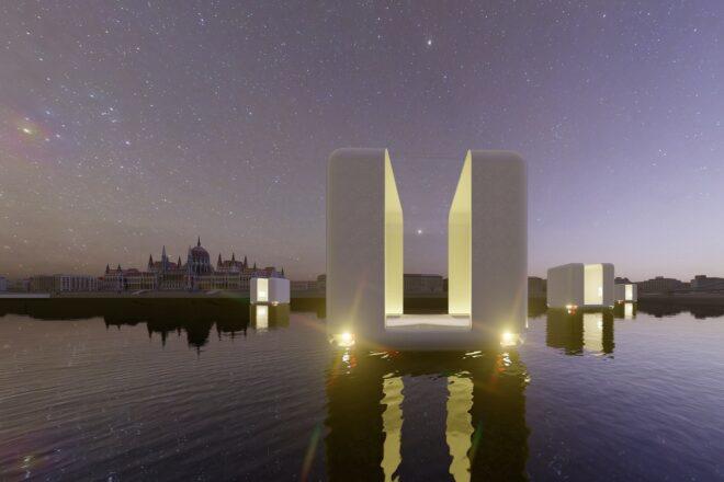 rendering of water transit device on water at night