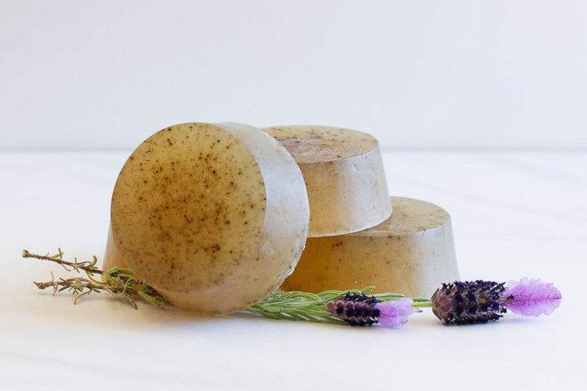 lavender shampoo bars on white background