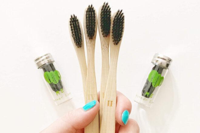 bamboo toothbrushes and charcoal toothpaste tablets
