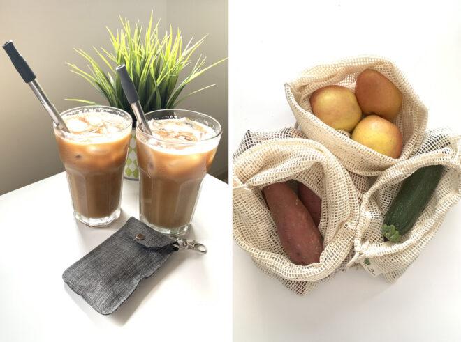 On the left, metal straws in glasses of iced coffee. On the right, fresh vegetables in knit produce bags.