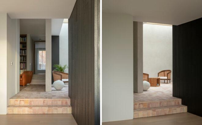 doors opening to white home with brick floors and minimalist furniture