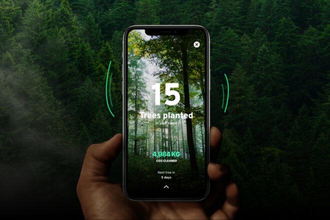 smartphone app screen showing 15 trees planted