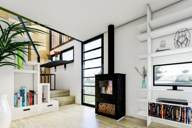 rendering of black wood-burning stove inside white living room
