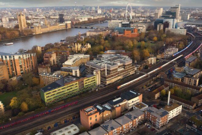 aerial view of green office building in London
