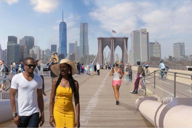 rendering of pedestrian and cyclist lanes on the Brooklyn Bridge