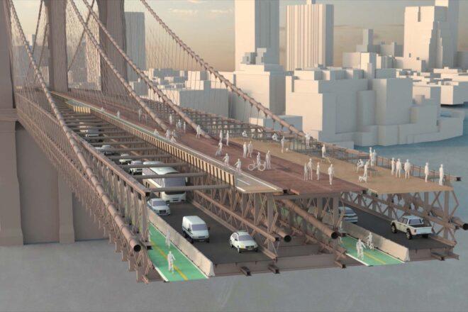 model of cars, bikes and people walking on Brooklyn Bridge