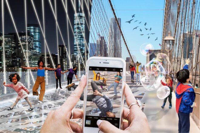 rendering of person taking a photo on the Brooklyn Bridge