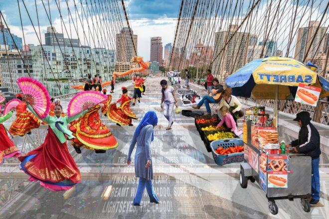 rendering of fresh food markets on the Brooklyn Bridge