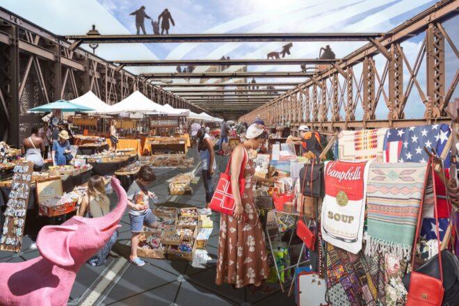 Rendering of people walking on glass bridge looking down to a market below