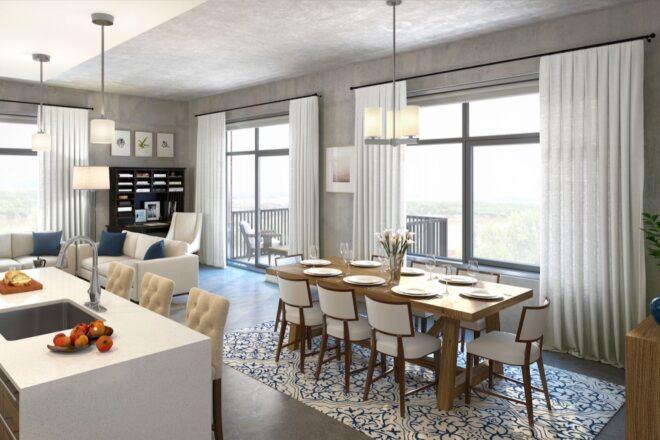 apartment with wood dining table near white kitchen island