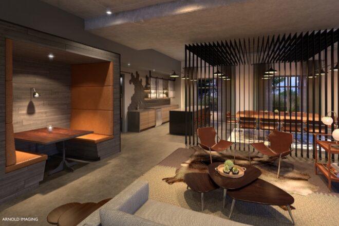 dimly lit apartment with modern furnishings