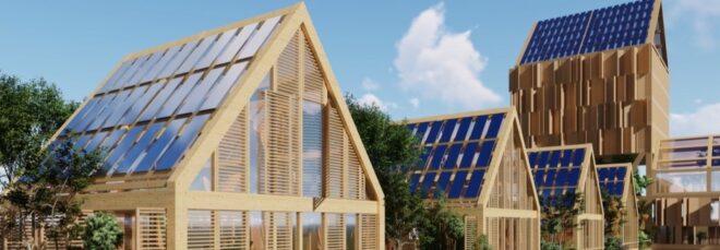 rendering of mass timber buildings with solar panels on gabled roofs
