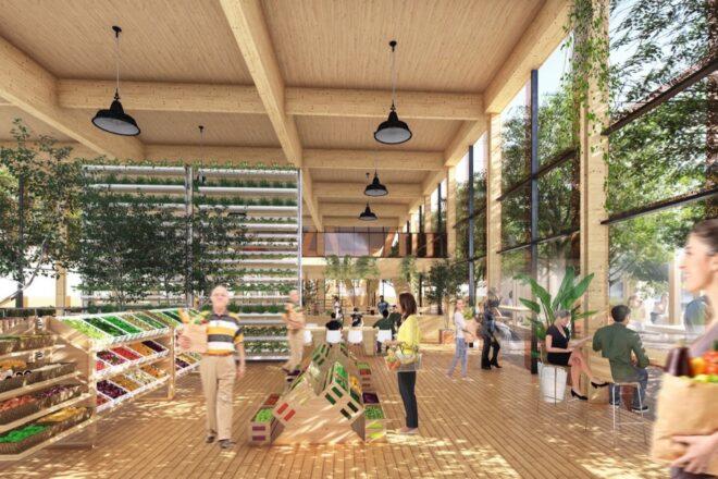 rendering of grocery store with fresh produce in a timber building
