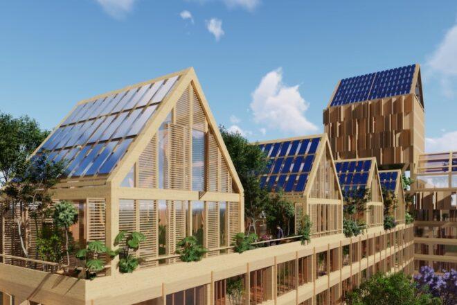 rendering of mass timber buildings with solar panels on gabled roofs