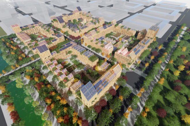 aerial rendering of community made of timber buildings all topped with solar panels