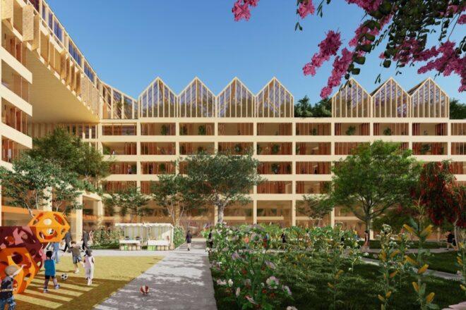 rendering of apartment complex built from timber