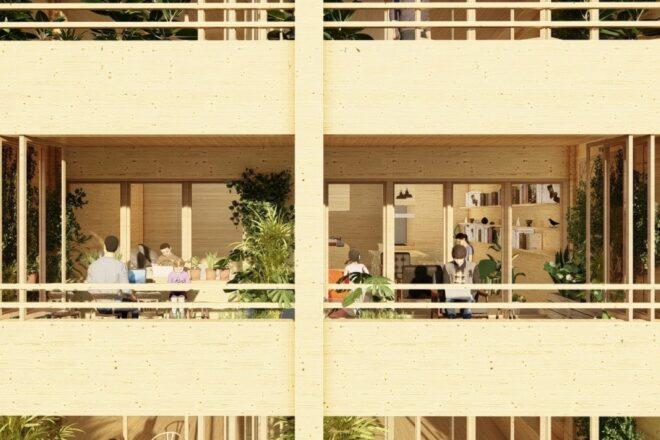 rendering of timber apartment building with south-facing terraces